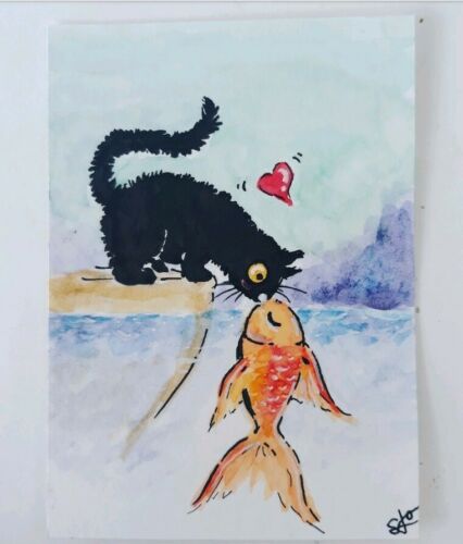 ACEO #56 original paint cat goldfish kiss valentines miniature animals freeship