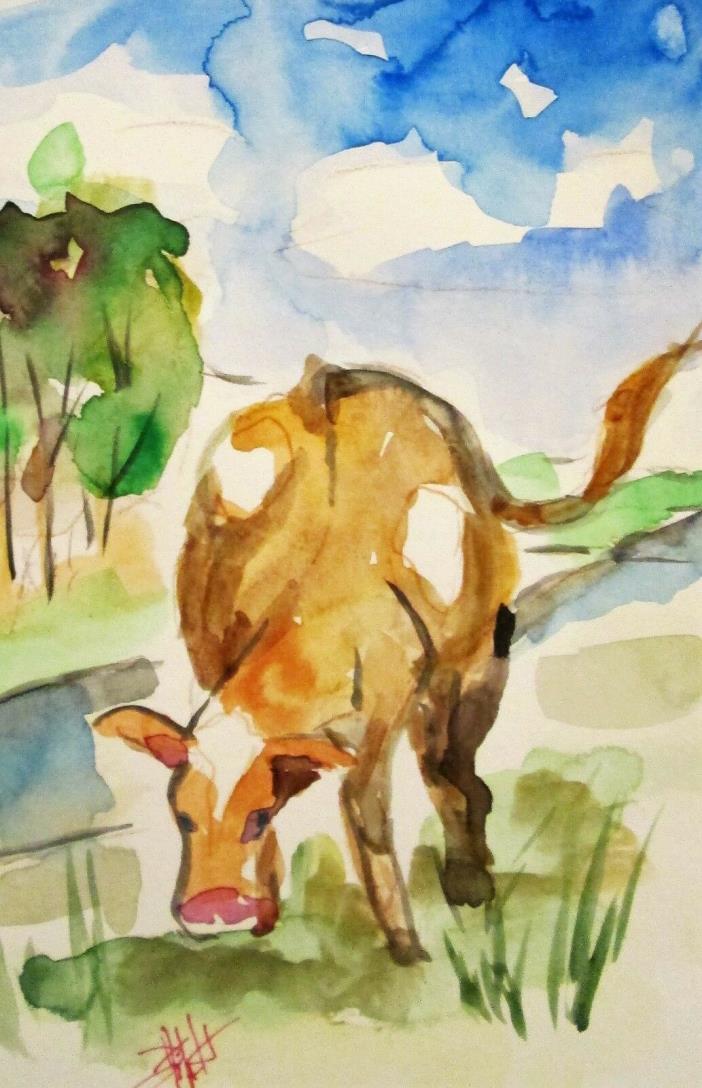 Grazing brown Cow pasture farm animal landscape watercolor art Delilah