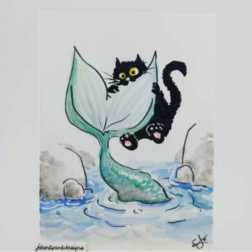 ACEO cat #223 ORIGINAL painting black cat mermaid tail funny whimsical mini pet