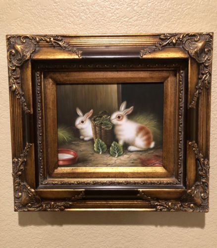 French Country Rabbits/Bunnies Oil Painting Framed