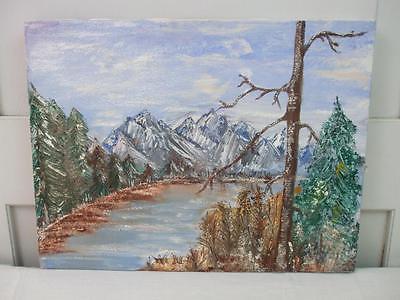 Unframed Oil Painting on Canvas Landscape Mountains Snow Caps Lake Trees 9