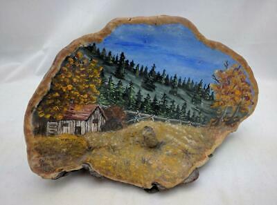 5X9 Inches Gall Burl Wood Art Painting Mountains Cabin Rustic Decor Scene Signed