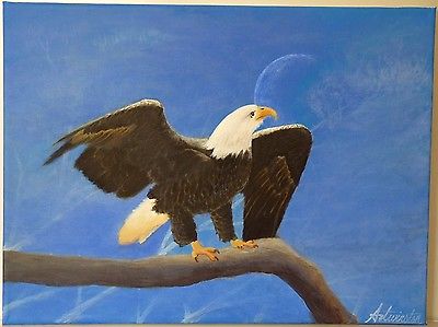 Original Painting Bald Eagle Under Frosty Moon on Stretched Canvas Signed