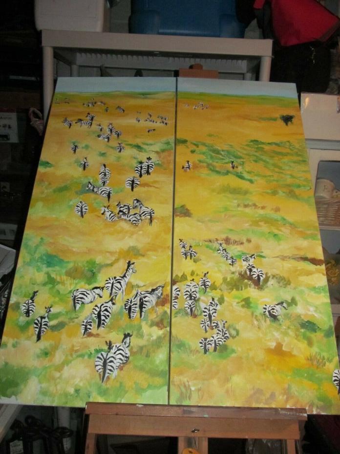 Zebra Herd African theme acrylic original 2 canvases 66 x 20 x 3 width