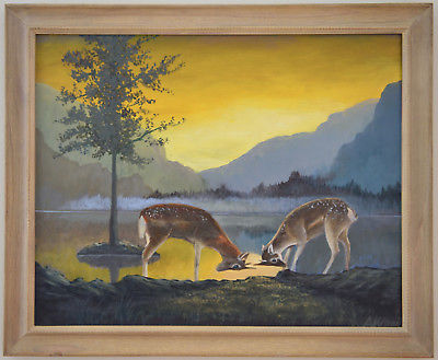 Original Painting on Canvas Deers Playing at Mirror Lake upon Sunset AW Signed