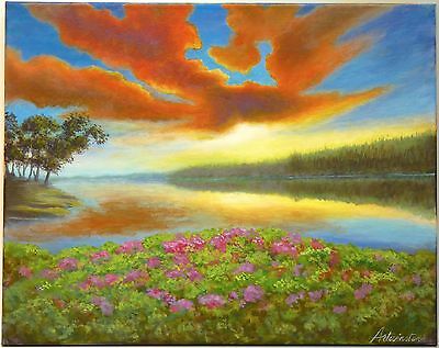 Original Painting on Stretched Canvas Spring Burning Clouds Signed Ready to Hang