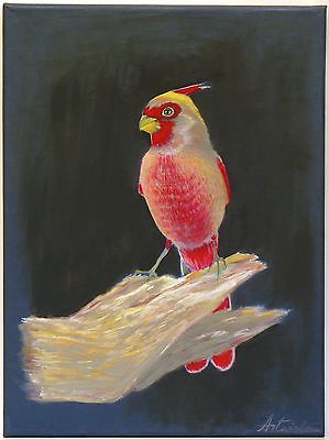 Original Painting Desert Cardinal Bird on Stretched Canvas Signed Hang Ready