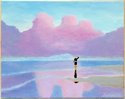 Original Painting on Canvas Summer Time Walking on Beach Signed Ready to Hang