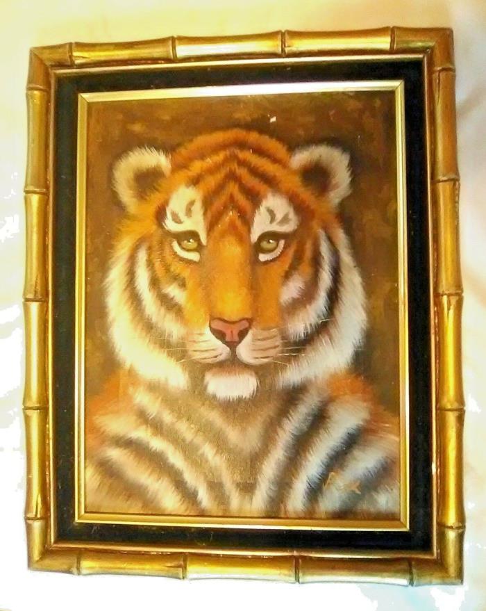 Vintage Mid Century Framed Tiger Oil Painting on Canvas Bamboo Signed Rex 20