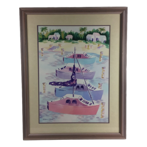 Large Dennis Luken Original Watercolor Painting Coastal Scene Boats Houses Palms