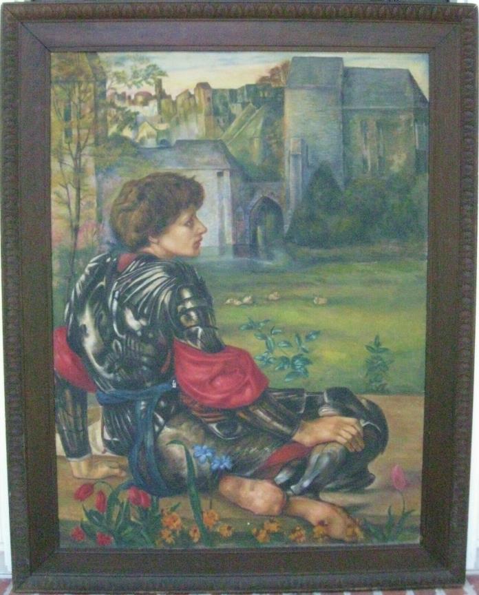 Pre-Raphaelite Knight & Castle - After Burne-Jones - Antique Painting