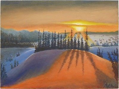 Original Landscape Painting Sunlit Snow At Lake Hill on Canvas Board Signed