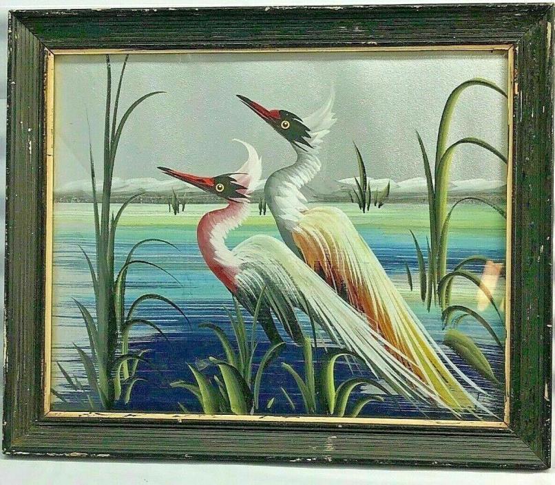 Old Unique Painting Two Heron Birds Audubon Art Framed
