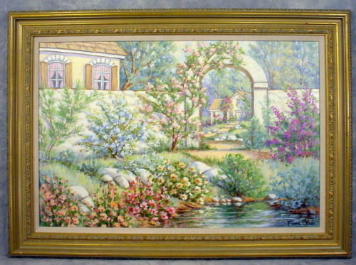 Fiora Cozzi Signed Orig Cottages w Pond Landscape Oil on Canvas 23-1/2 x 35-1/2