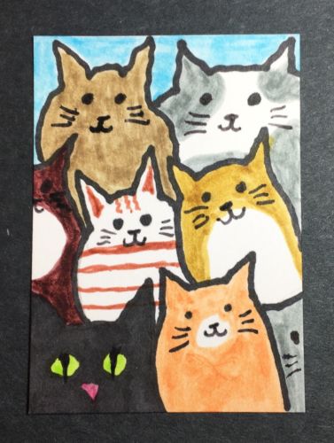 ACEO Original - Group Of Cats - jenal