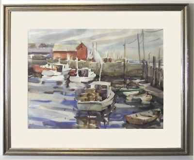 Large Original Betty Lou Schlemm Watercolor - Rockport Harbor