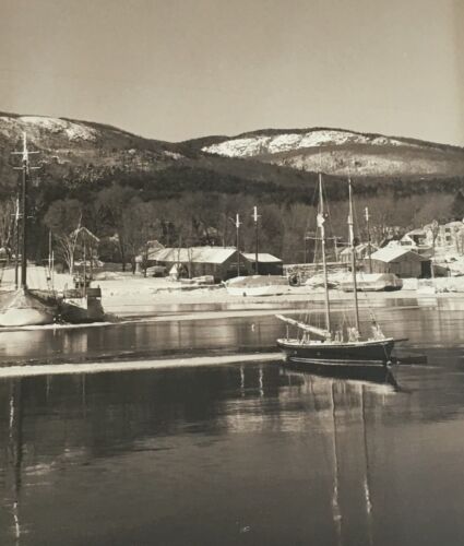 Vtg Rockport Maine Harbor Framed Photo Signed Winter Sailboats EC Day B & W Art