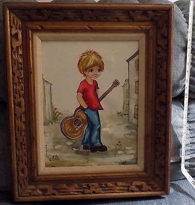 1960's? BIG EYED ART STYLE BY RENEE LIMITED EDITION? FRAMED BOY WITH GUITAR