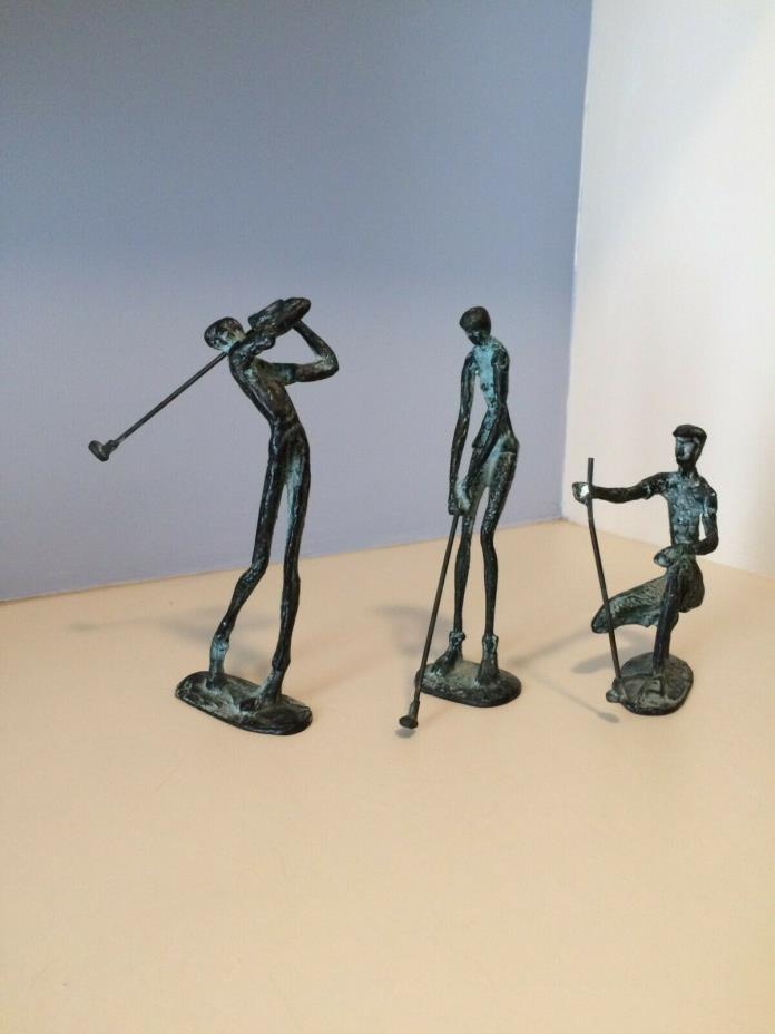 Set of Three Vintage Brutalist Bronze Golfer Figurines Golf Statue Sculptures