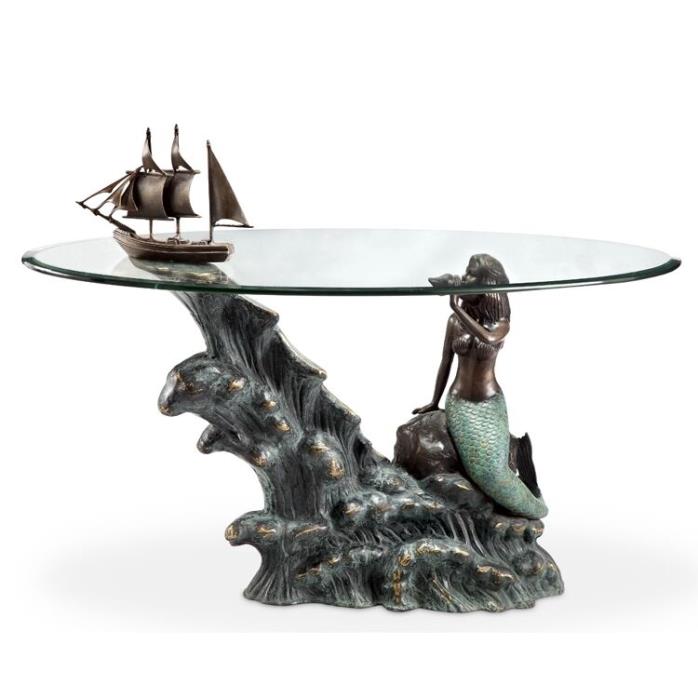 Mermaid & Schooner Brass/Glass Coffee Table Coastal Nautical ,Gift w/Purchase!