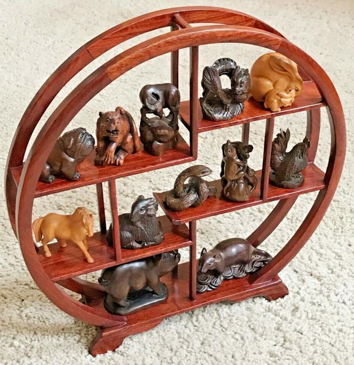 Set of Chinese Zodiac Carved Wood Sculptures Zodiac Horoscope Figures with Stand