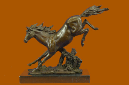 Bronze Sculpture Agile Wild Stallion Horse Race Black Marble Base Figurine Art