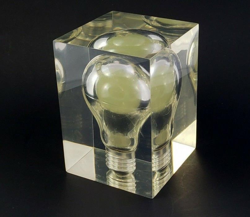Pierre Giraudon Lucite Light Bulb Cube Clear Resin French Pop Art Paperweight