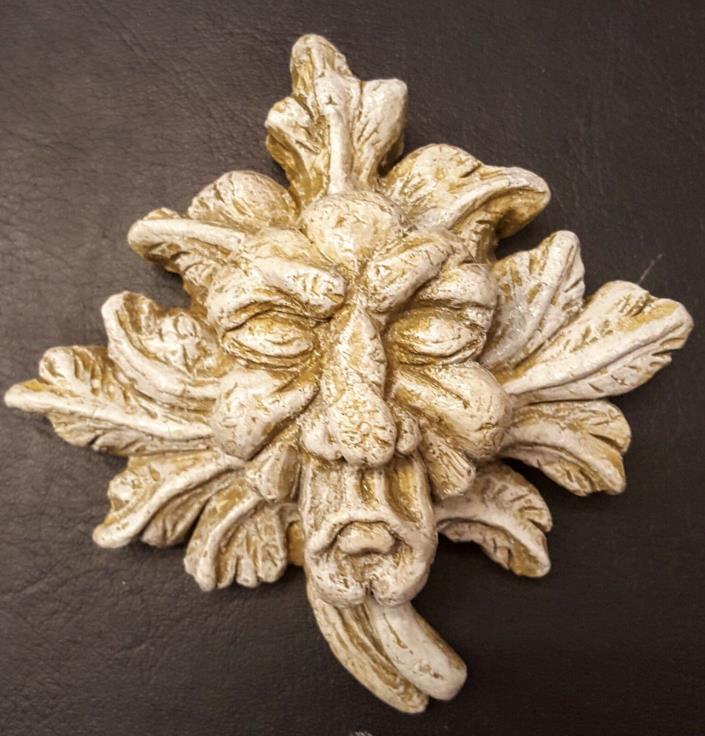 Green man wall plaque leaf face sandstone color old lady gothic face
