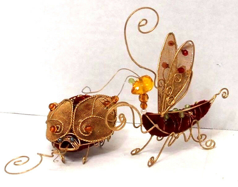 Beetle & Dragonfly Insect Soft Sculptures Red Velvet & gold trimmed insects