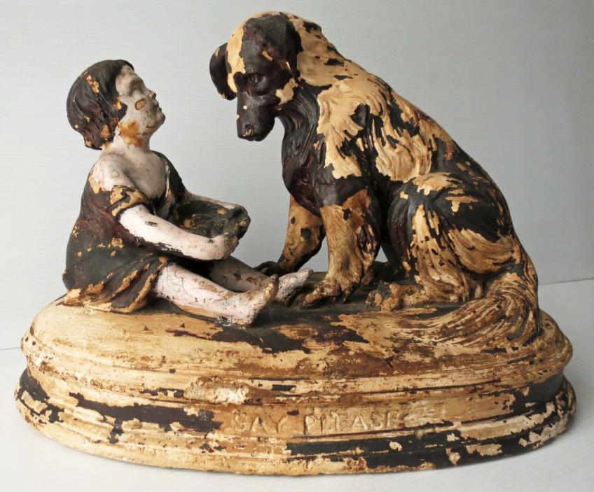 Victorian Plaster Sculpture Child & Dog 