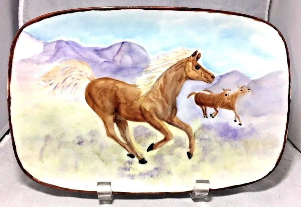 Wild horses galloping Hand painting on a rectangular porcelain plate