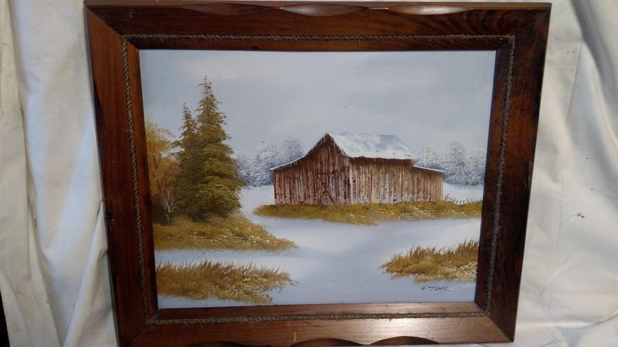 Vtg SIGNED Antique painting rustic Cabin wood framed scenic picture Winter Decor