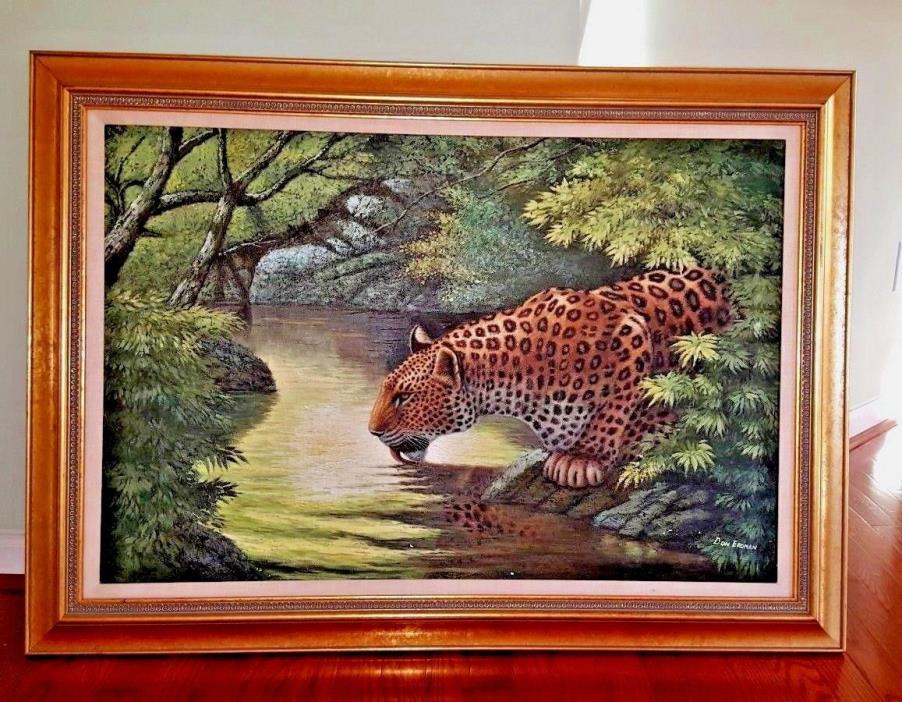 Large Framed Art Leopard Drinking in Jungle Painting on Canvas by Don Erdman ~