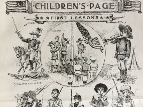 1898 Patriotic Childrens Page First Lessons Soldier Playing Flags Antique Print