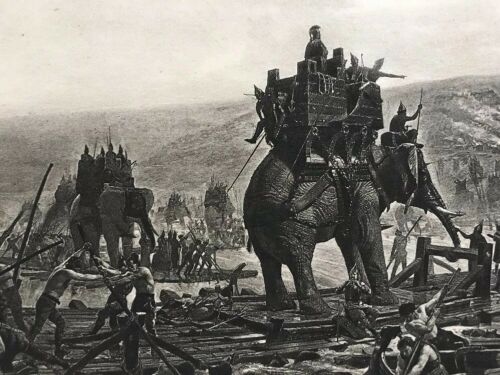 Antique Art Print Hannibal Crossing the Rhône Elephant Henri Paul Motte Goupil