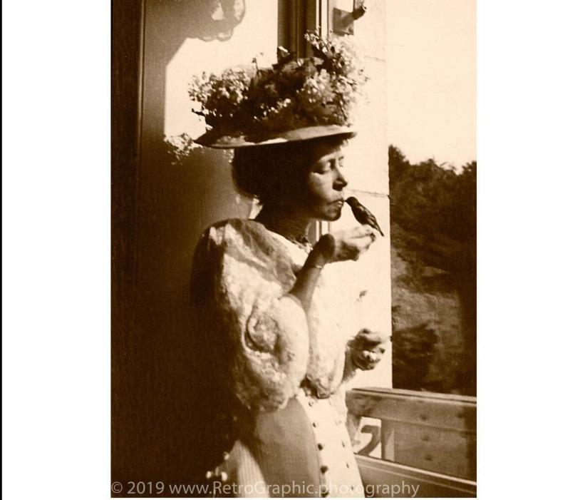 Elegant Woman Feeds Small Bird from Mouth, France c1900 Vintage Photo Reprint