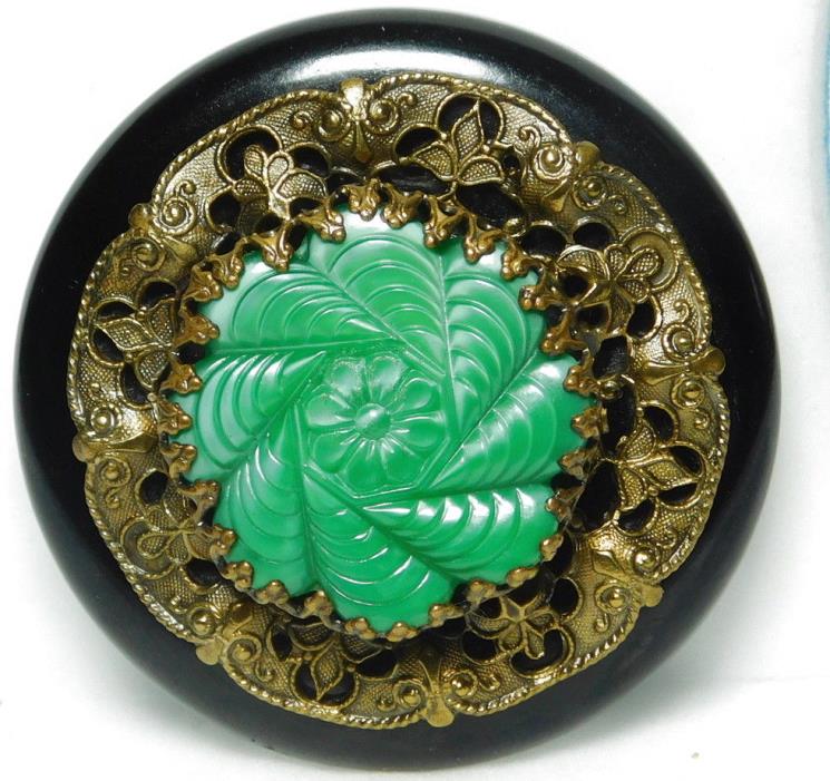 X-Large Vintage Button BAKELITE & Brass Gay 90's Green Satin Glass Jewel  71A2