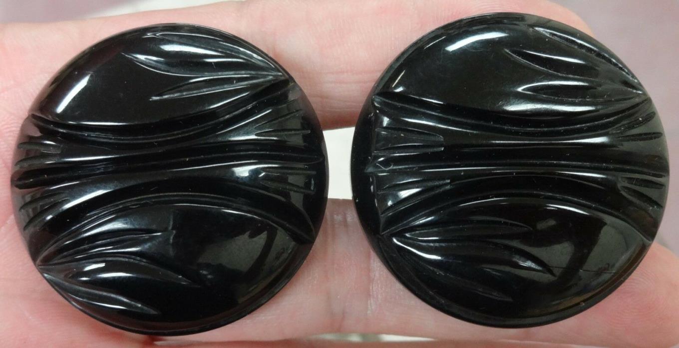 Vintage Bakelite Buttons 2 Black Chunky Art Deco Design 1 5/8