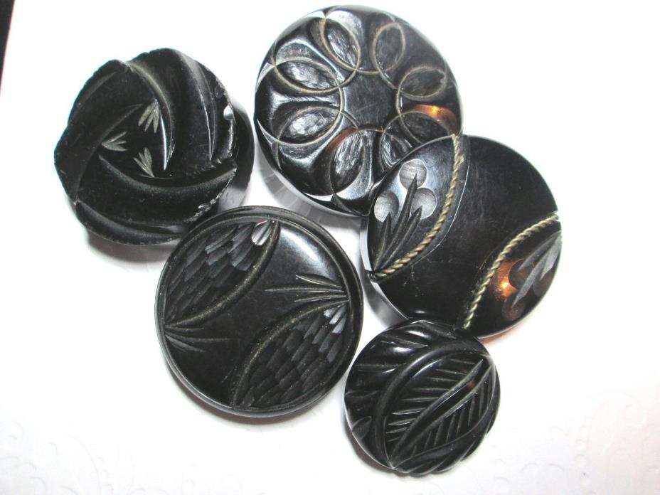 Vintage BUTTON Collection*Lot of 5 Large CARVED BAKELITE Coat Buttons*      1557