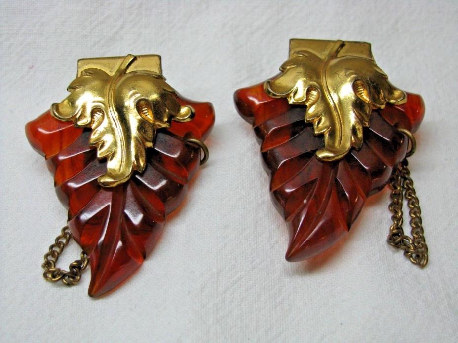 2 SNAPETTE BAKELITE BUTTONS - AMBER BAKELITE-LEAF SHAPE WITH GOLD TRIM-GORGEOUS