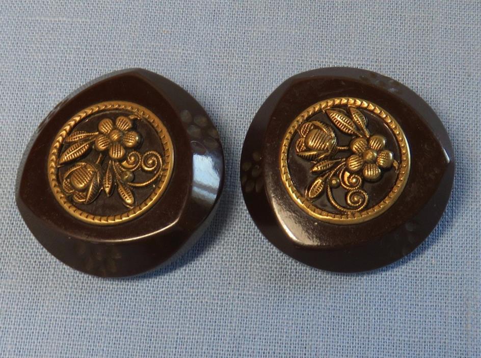 2 Vintage Brown Bakelite Coat Buttons  with Brass Flowers 1 3/4 inches