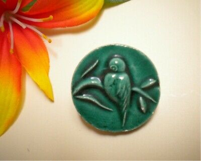 ANTIQUE VTG BIRD ON BRANCH CERAMIC TILE BUTTON