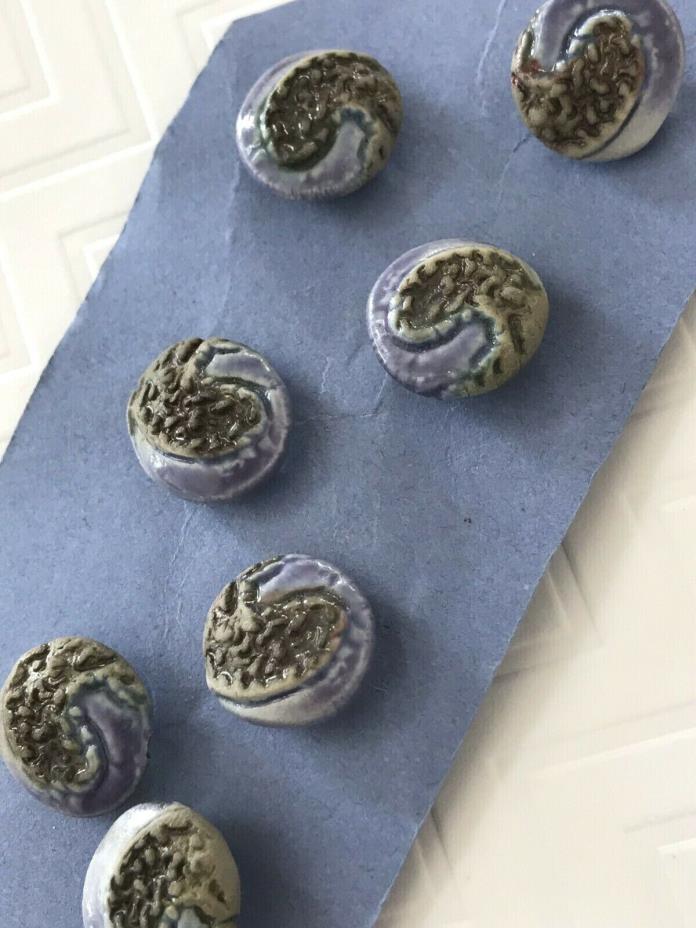 7 VTG Paisley Shank Buttons Ceramic Periwinkle Blue Purple 5/8 Inch Clay Unused
