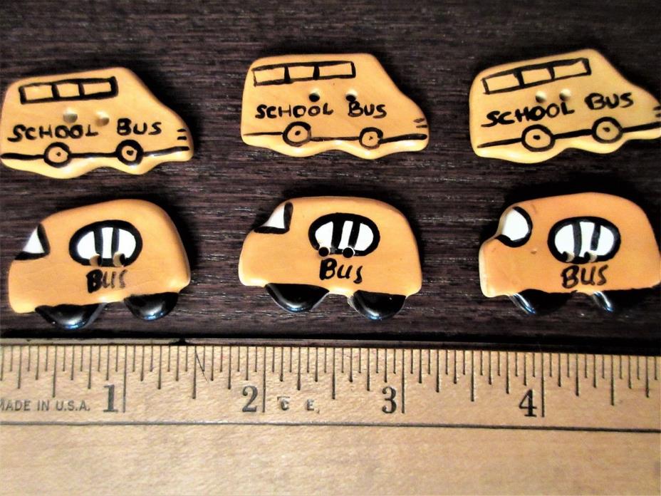 Lot of 6 Ceramic Buttons School Bus Hand Crafted Two-Hole