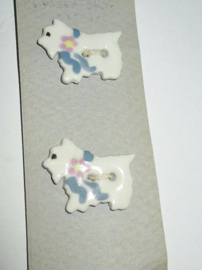 NEW 3 Hand Made Painted Glazed 2 Hole Flat Ceramic Scottie Dog VTG Buttons, CUTE