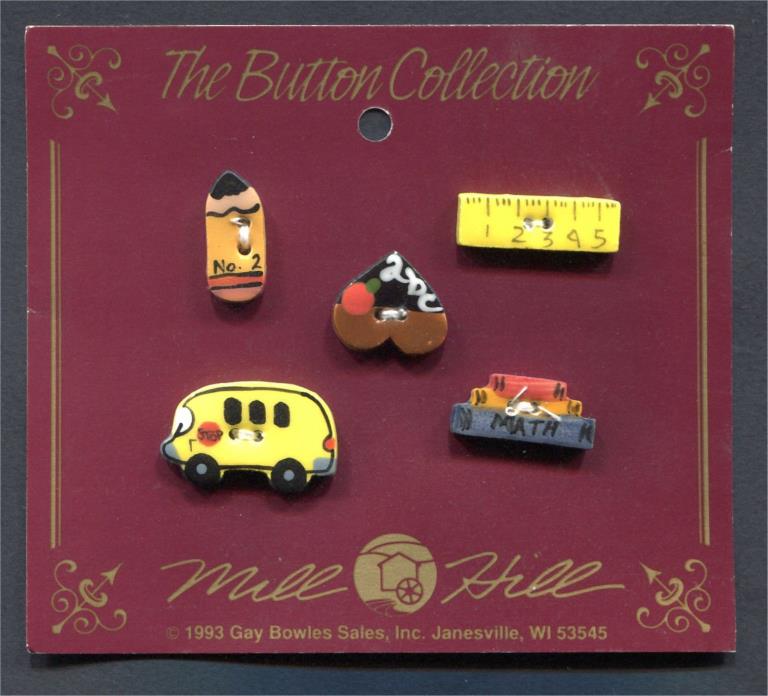 CERAMIC BUTTONS SCHOOL DAYS COLLECTION PENCIL RULER ABC HEART BUS & BOOKS OF 5