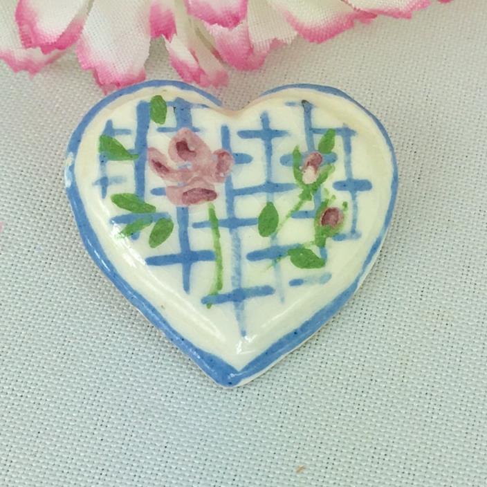 Vintage Handmade Hand Painted Ceramic Pottery Button Figural Heart