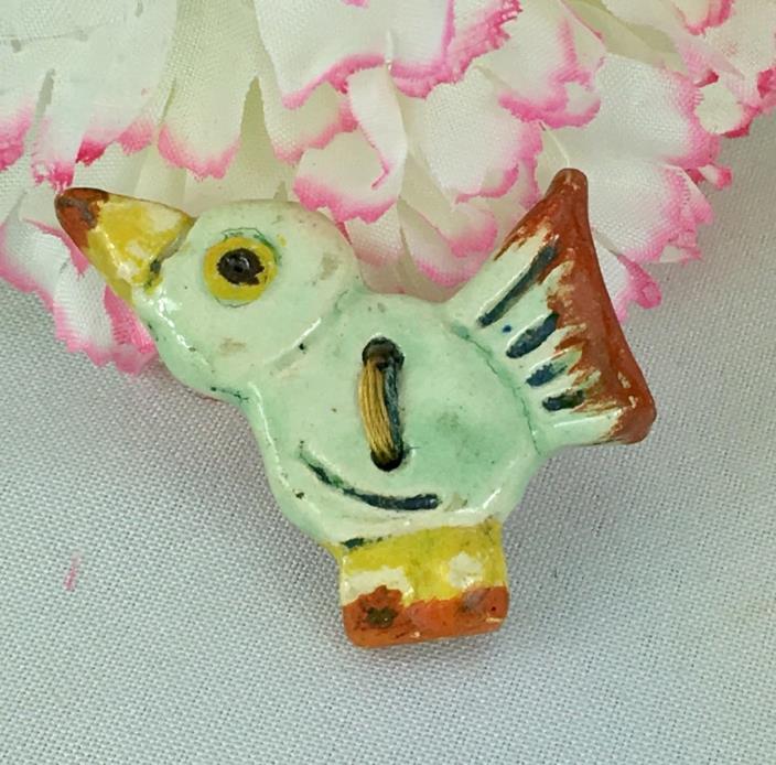 Vintage Handmade Hand Painted Ceramic Pottery Button Figural Bird