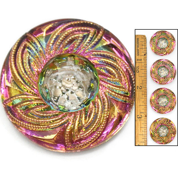 22mm Vintage Czech Glass Pink Rainbow Fire AB STAR 3-D JEWEL Flower Buttons 4pc