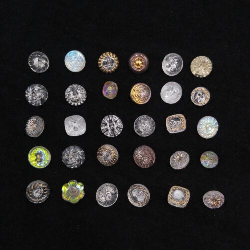 Mixed Lot of 30 Vintage Clear Glass Buttons - Small Round Textured